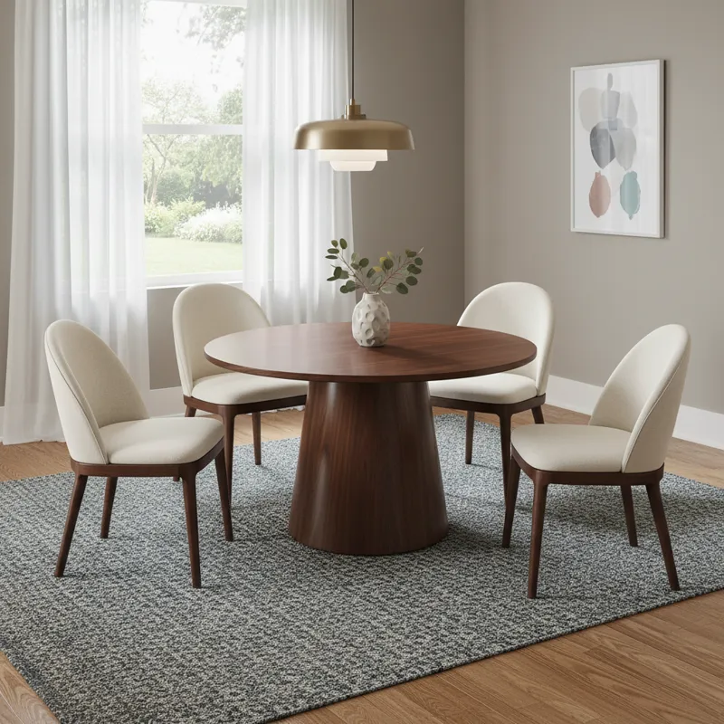 A modern 5-piece round dining set featuring a circular dining table and four matching dining chairs, ideal for compact dining rooms or kitchen nooks.