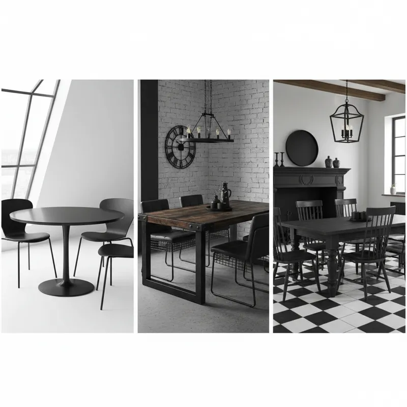 A side-by-side comparison of three different 5 piece dining set black styles: one modern minimalist, one industrial chic, and one traditional farmhous