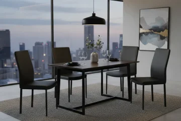 Modern 5-piece black dining set featuring a rectangular dining table and four matching black upholstered chairs, ideal for contemporary dining rooms or kitchens.