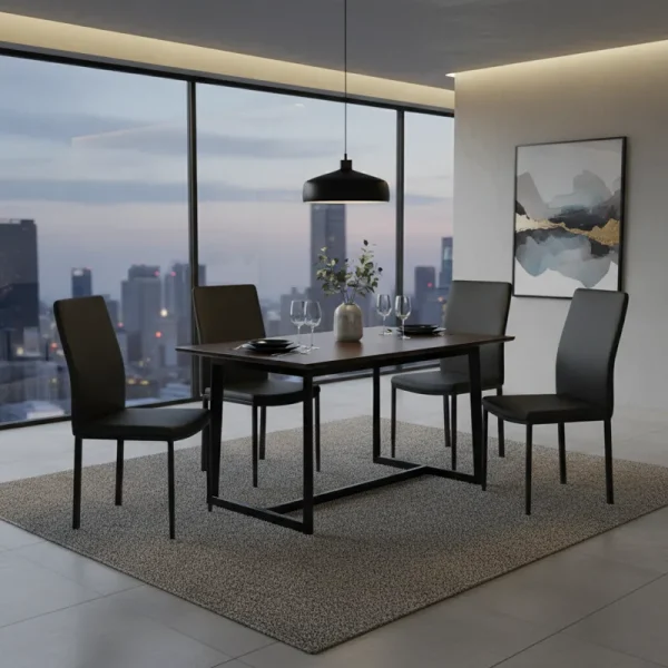Modern 5-piece black dining set featuring a rectangular dining table and four matching black upholstered chairs, ideal for contemporary dining rooms or kitchens.