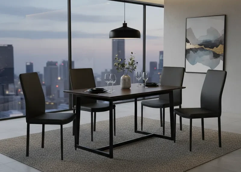 Modern 5-piece black dining set featuring a rectangular dining table and four matching black upholstered chairs, ideal for contemporary dining rooms or kitchens.