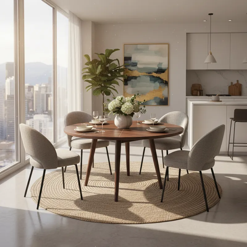 A stylish 50-inch round dining table set in a modern apartment, comfortably seating four, with natural light streaming in.