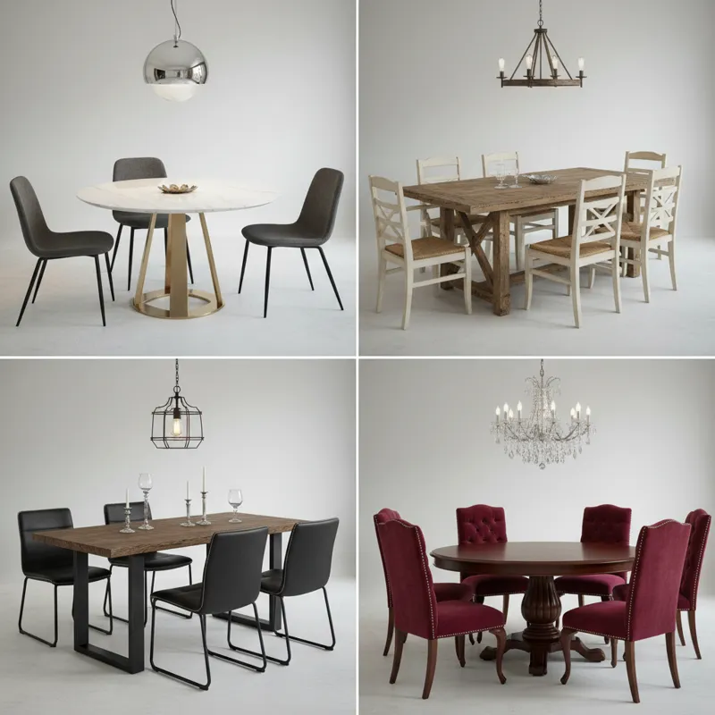 A diverse collage of 50-inch dining table sets showcasing different design styles: modern, farmhouse, industrial, and traditional, with varied materia
