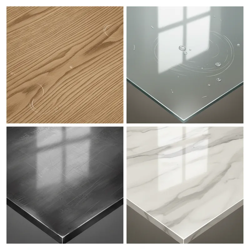 Close-up shots of different dining table materials: natural wood grain, polished glass, industrial metal, and luxurious marble, highlighting textures