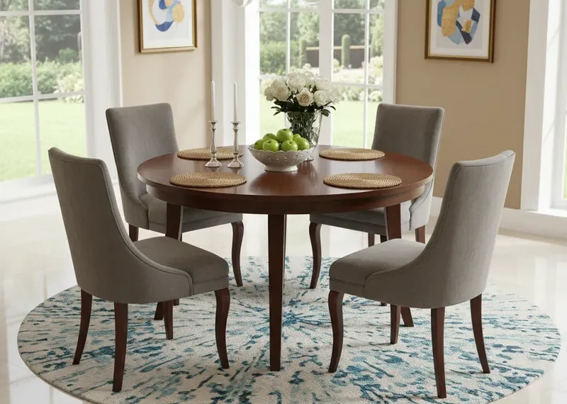 A modern 50 inch round dining table set with four matching upholstered chairs, perfect for small to medium dining spaces or kitchen nooks. The table features a sleek, minimalist design with a durable tabletop, ideal for family meals and entertaining.