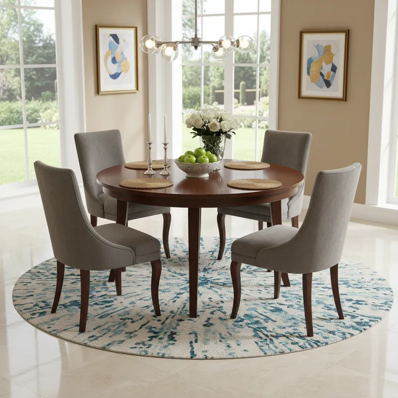 A modern 50 inch round dining table set with four matching upholstered chairs, perfect for small to medium dining spaces or kitchen nooks. The table features a sleek, minimalist design with a durable tabletop, ideal for family meals and entertaining.
