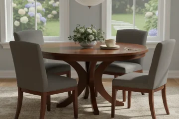 A modern 50 inch round dining table made from solid wood, featuring a sturdy pedestal base, and suitable for seating 4 to 6 people in a contemporary dining room.