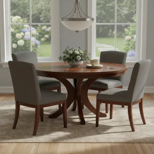 A modern 50 inch round dining table made from solid wood, featuring a sturdy pedestal base, and suitable for seating 4 to 6 people in a contemporary dining room.
