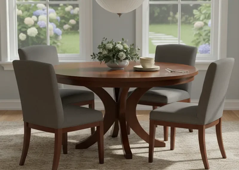 A modern 50 inch round dining table made from solid wood, featuring a sturdy pedestal base, and suitable for seating 4 to 6 people in a contemporary dining room.