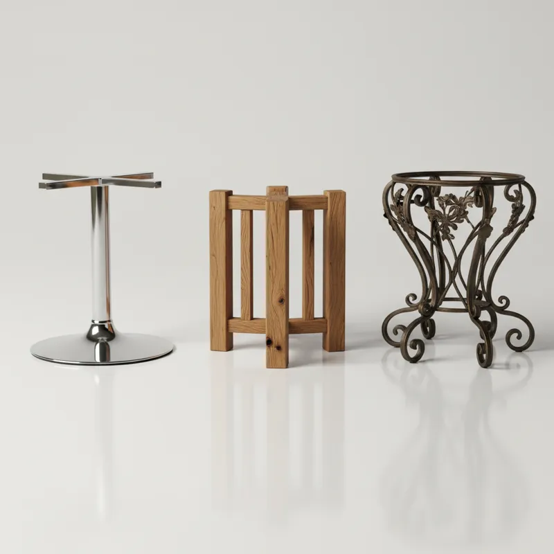 A collection of various 54-inch round dining table bases: a sleek metal pedestal base, a chunky solid wood four-leg base, and an intricate wrought iro