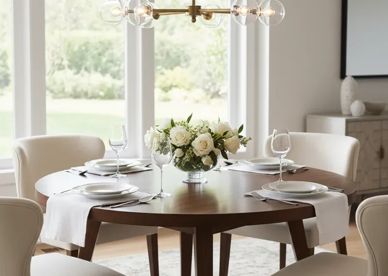 A modern 54-inch round dining table made of [material, e.g., solid wood, marble, glass], suitable for seating 4 to 6 people. The table features a [style, e.g., sleek pedestal base, sturdy four-leg design] and is set in a contemporary dining room.