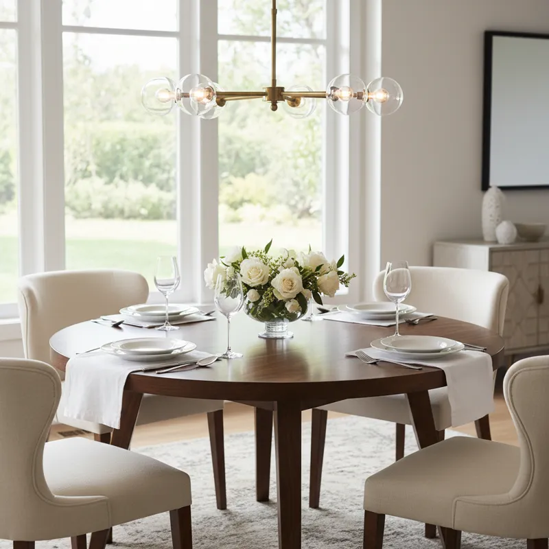 A modern 54-inch round dining table made of [material, e.g., solid wood, marble, glass], suitable for seating 4 to 6 people. The table features a [style, e.g., sleek pedestal base, sturdy four-leg design] and is set in a contemporary dining room.