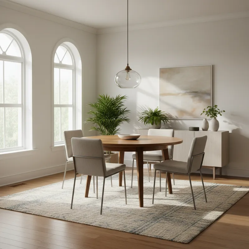 A well-lit, inviting dining room featuring a round 55-inch wooden dining table with four modern chairs, showcasing adequate space around the table for