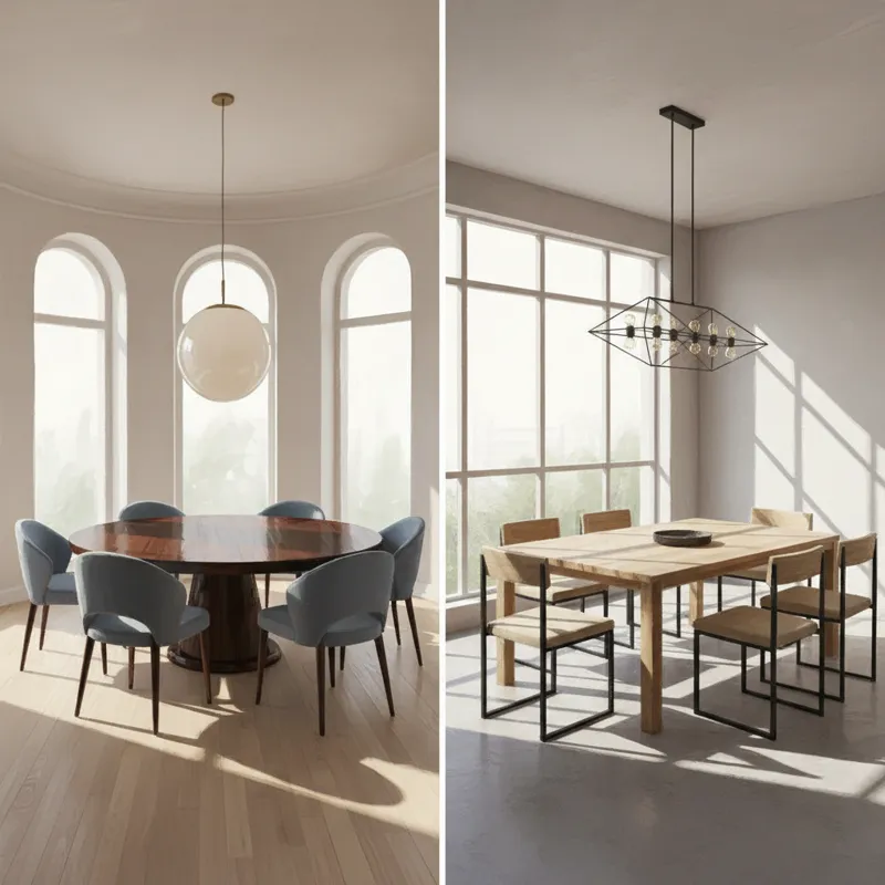 A comparison image showing a 55-inch round dining table in one room and a 55-inch square dining table in another, both with appropriate seating, highl