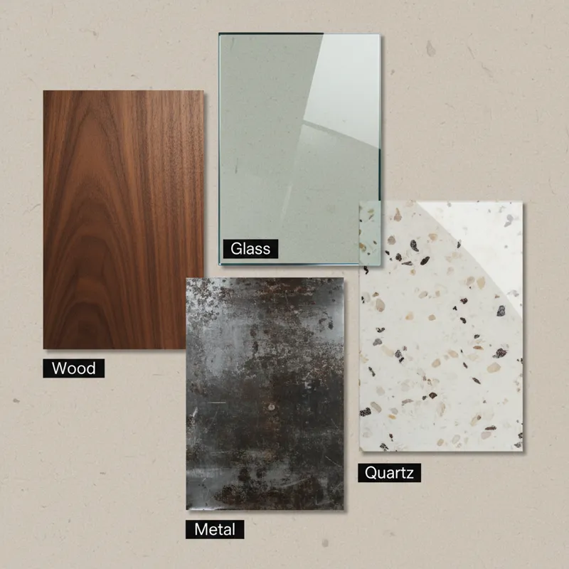 A collage showcasing different material samples for dining tables: a smooth wooden plank, a polished glass pane, a rough metal sheet, and a speckled q