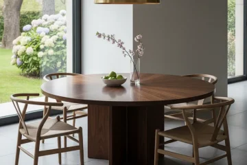 A modern 55 inch round dining table with four chairs, set in a bright dining room, ideal for family meals or entertaining. Features a smooth, light wood finish.