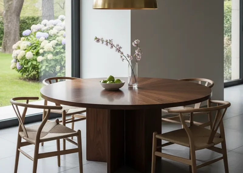 A modern 55 inch round dining table with four chairs, set in a bright dining room, ideal for family meals or entertaining. Features a smooth, light wood finish.