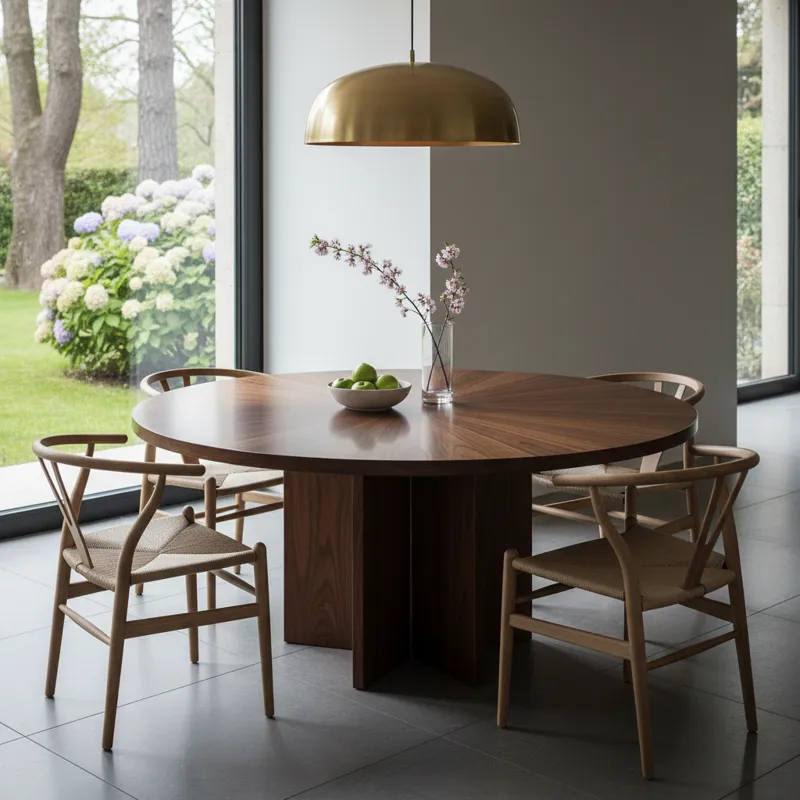 A modern 55 inch round dining table with four chairs, set in a bright dining room, ideal for family meals or entertaining. Features a smooth, light wood finish.