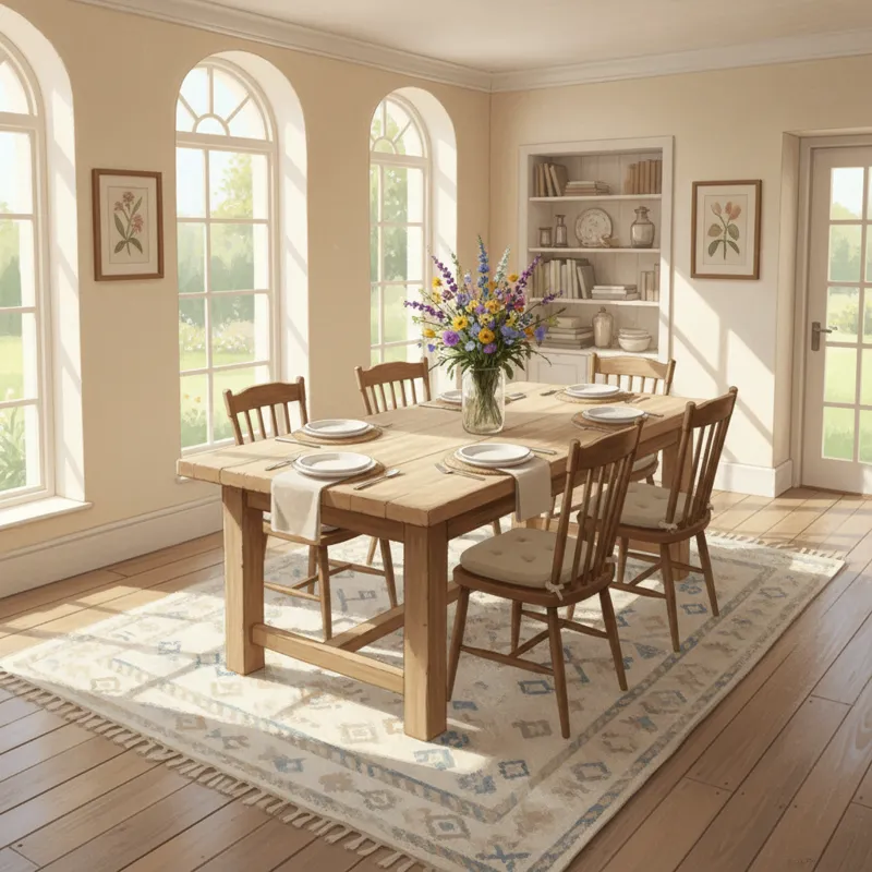 A beautiful, naturally lit dining room featuring a 6 foot farm table made of light-colored wood, set with simple white dishes and a vase of wildflower