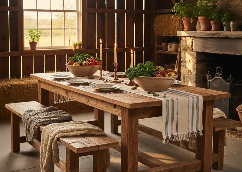 Rustic 6 foot farm table made from solid wood, featuring a natural finish and sturdy trestle base, perfect for dining.