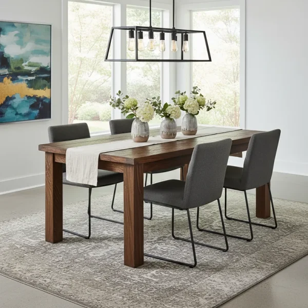 Modern 60 inch rectangular dining table made of light wood, ready for a family meal in a contemporary dining room.