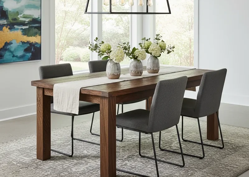 Modern 60 inch rectangular dining table made of light wood, ready for a family meal in a contemporary dining room.
