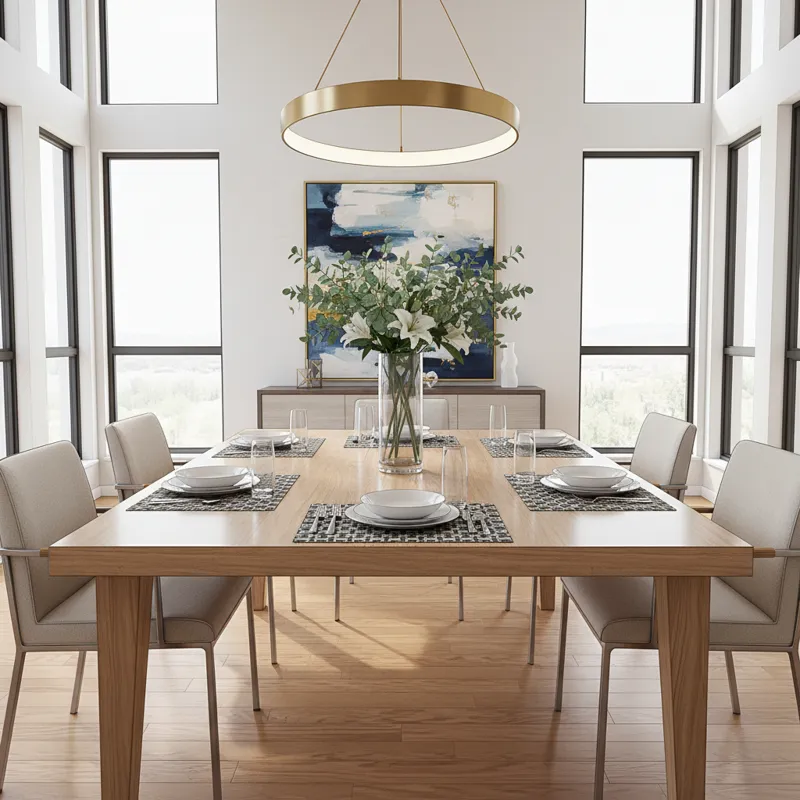 A stylish, modern 60-inch square dining table in a bright, open dining room, set with placemats and a centerpiece, ready for a meal. Focus on the tabl