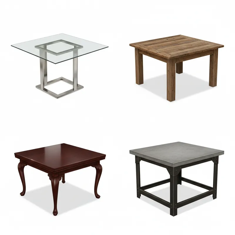 A collage showing four different 60-inch square dining tables: one modern minimalist with a glass top and metal base, one rustic farmhouse in reclaime