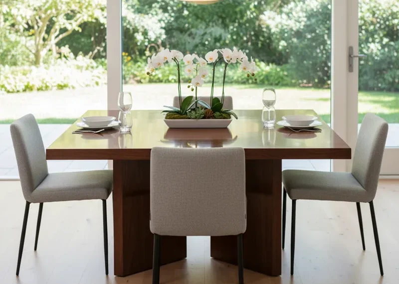 Modern 60 inch square dining table made of solid wood, set in a spacious dining room, capable of seating 8 people comfortably.