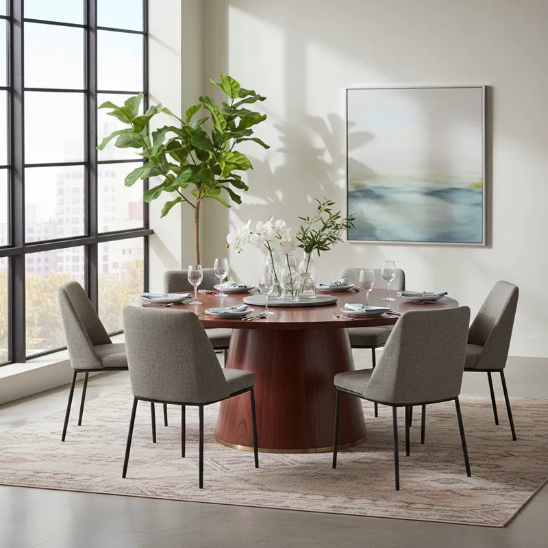 A beautifully set 60-inch round dining table made of rich, dark wood, with six contemporary upholstered chairs. The table is centered in a modern dini