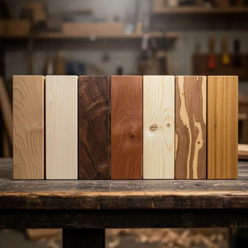 A detailed close-up shot of various wood samples (oak, maple, walnut, cherry, pine, acacia, teak), labeled with their names, showcasing their distinct