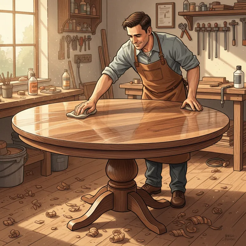 A furniture maker carefully applying a clear protective finish to the surface of a beautifully sanded 60-inch round wood dining table, showcasing the