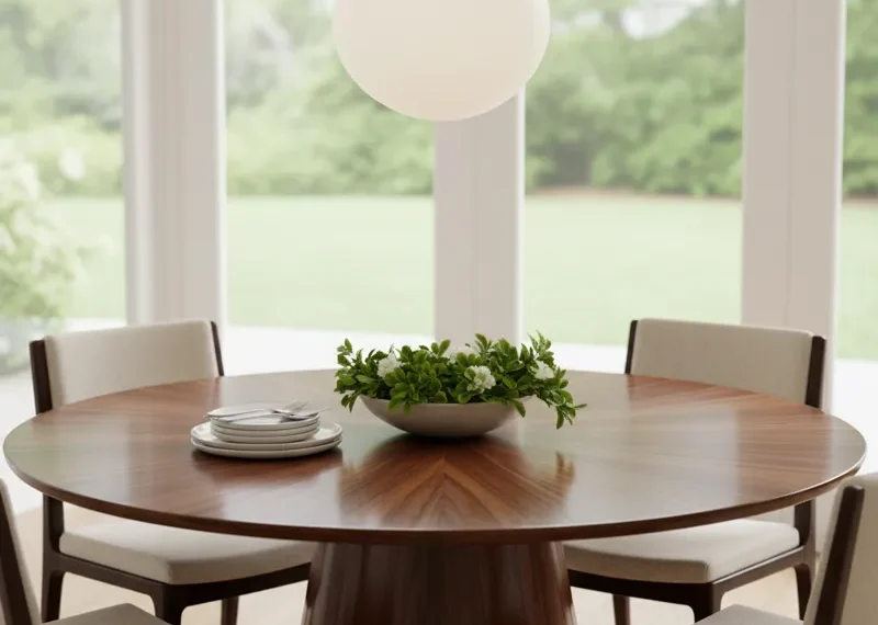 60-inch round solid wood dining table in a natural finish, suitable for a dining room or open-plan living space. Seats 6-8 people.