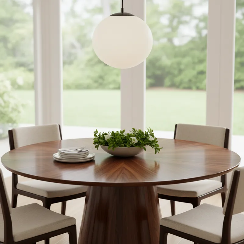60-inch round solid wood dining table in a natural finish, suitable for a dining room or open-plan living space. Seats 6-8 people.
