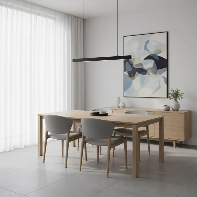 A stylish, modern dining room with a 65-inch rectangular dining table in the center, six chairs tucked in, and ample walking space around. The room ha