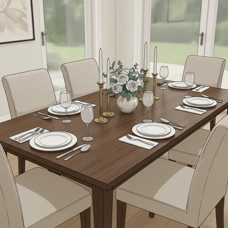 A detailed close-up shot of a 65-inch rectangular dining table with place settings for six people, illustrating comfortable spacing between each chair