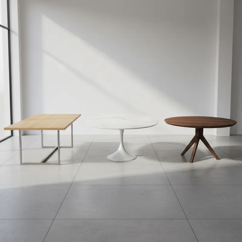 A collection of various 65-inch dining table shapes – one rectangular, one oval, and one round – displayed in a minimalist showroom setting, highlight