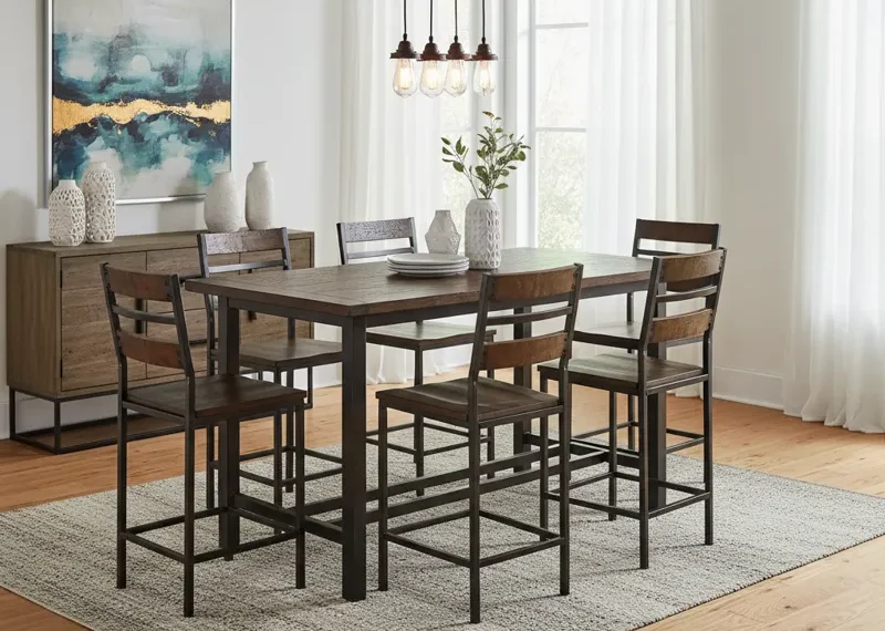 A modern 7-piece counter height dining set featuring a rectangular dark wood table and six upholstered counter stools, ideal for a contemporary kitchen or dining area.