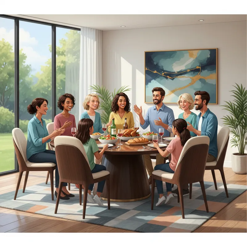 A diverse group of people, possibly a family and friends, happily gathered around a stylish 7-piece dinette set in a modern home, enjoying a meal and