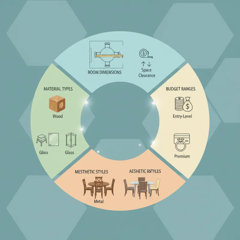 A modern infographic illustrating various factors to consider when buying a 7-piece dinette set, such as room dimensions, material types (wood, glass,
