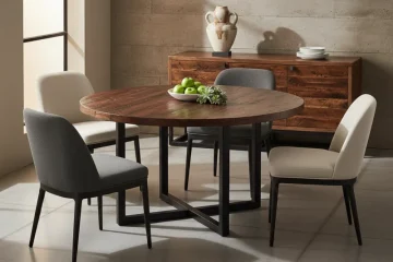 Modern 7 piece dinette set with a rectangular dining table and six upholstered chairs, suitable for a kitchen or small dining room.