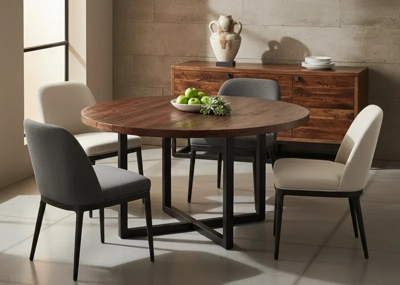 Modern 7 piece dinette set with a rectangular dining table and six upholstered chairs, suitable for a kitchen or small dining room.