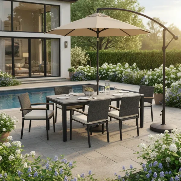 A modern 7-piece outdoor patio dining set featuring a rectangular table and six comfortable chairs, ideal for al fresco dining.