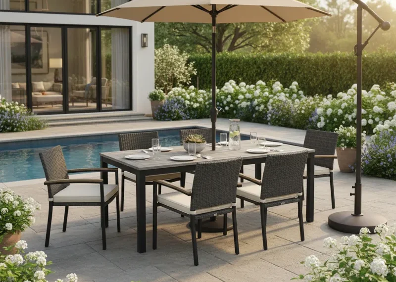 A modern 7-piece outdoor patio dining set featuring a rectangular table and six comfortable chairs, ideal for al fresco dining.