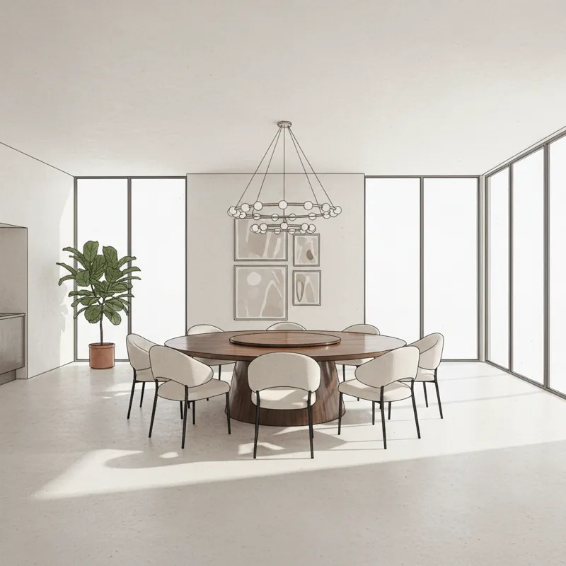 A wide-angle shot of a spacious modern dining room featuring a large 70-inch round dining table with eight contemporary chairs, ample clearance around