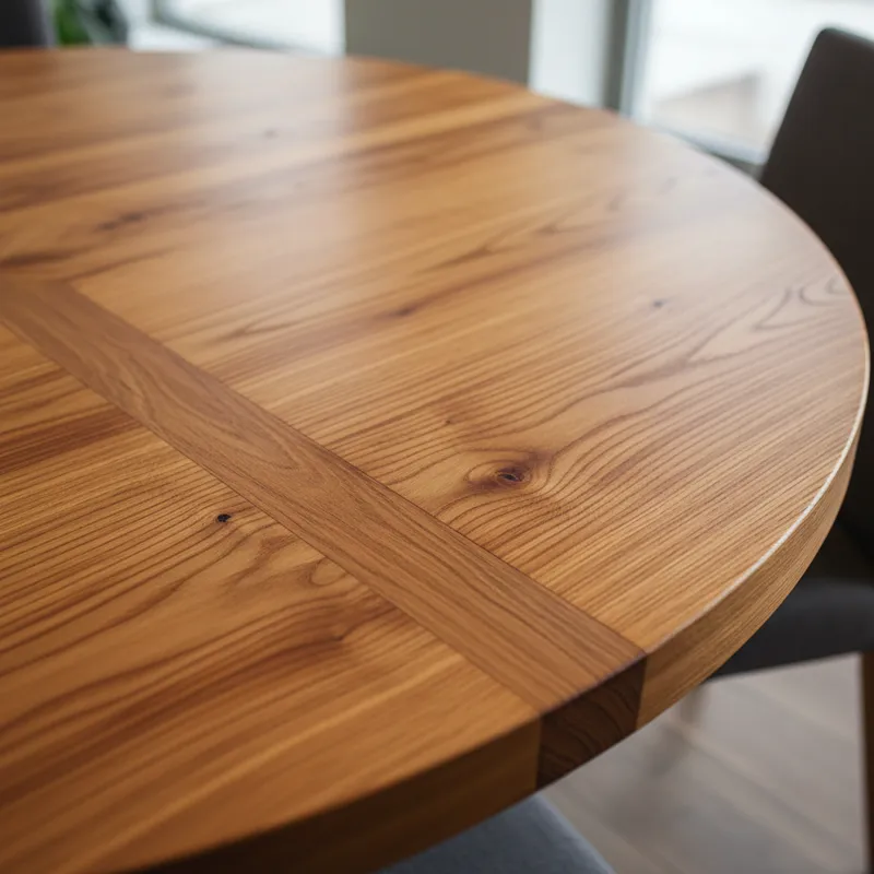 A close-up, high-angle shot showcasing the surface texture and grain of a solid oak 70-inch round dining table, highlighting its craftsmanship and nat