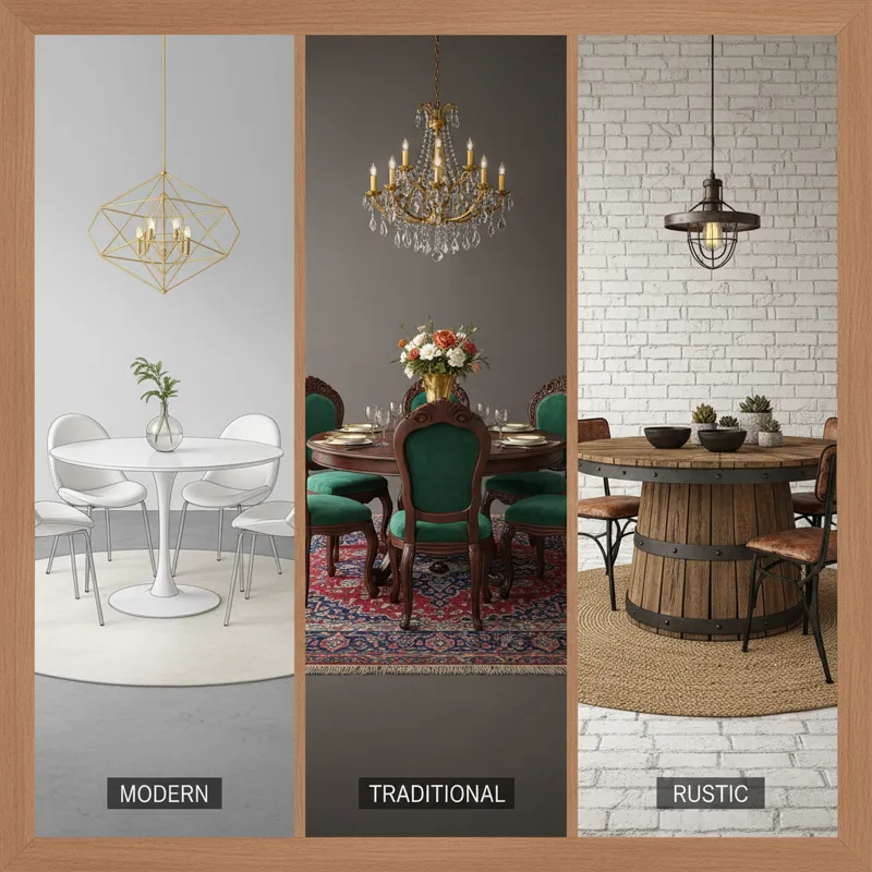 An interior design mood board showcasing various styles for a 70-inch round table: one section with sleek, minimalist decor for modern, another with o