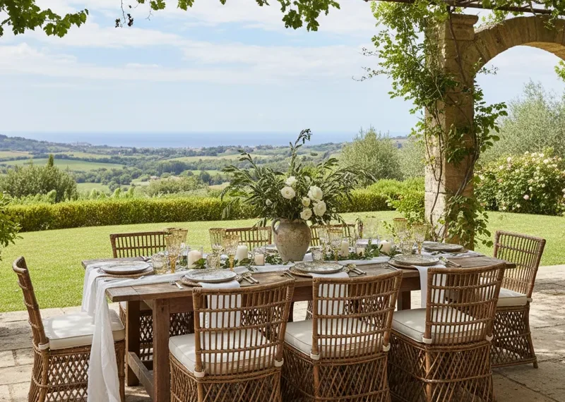 Spacious 8-person outdoor dining table with matching chairs, set on a patio or garden deck, ideal for entertaining.