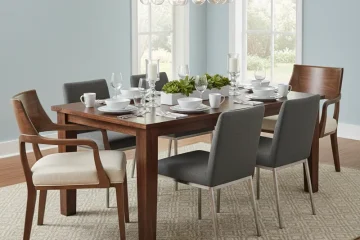 Modern 8 piece dining set featuring a rectangular wooden table and 8 matching upholstered dining chairs, perfect for a large dining room.