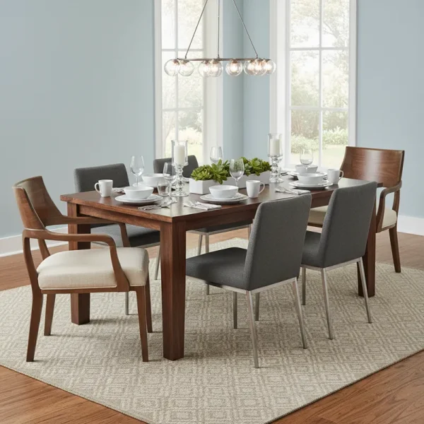 Modern 8 piece dining set featuring a rectangular wooden table and 8 matching upholstered dining chairs, perfect for a large dining room.